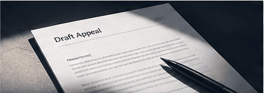 A draft appeal document beside a pen
